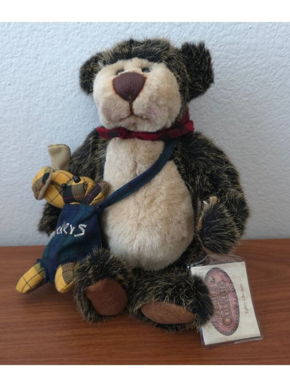 NWT Ganz Cottage TUBBY CHECKERS Articulated Plush Bear w/ Mini Plaid Dog RETIRED